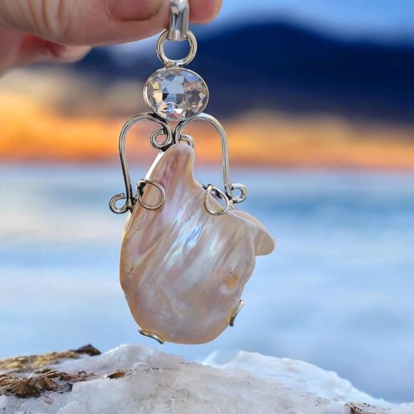 Natural Biwa Pearl ✦ Clear Quartz Pendant ✦ Vintage S925 Silver Handmade NWT - Picture 5 of 13